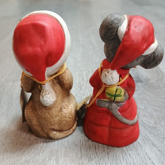 Vintage Christmas Critter Bells Porcelain Dog Mouse Set Of 2 Bisque 4 Inch - Picture 3 of 7